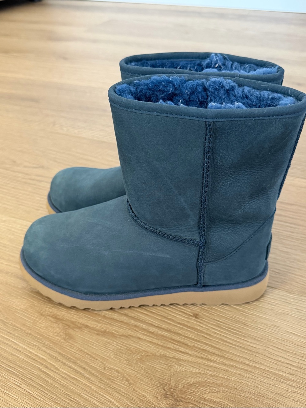 UGG Classic Short Waterproof Navy Blue Leather Shearling Boots Size 4 Big Kids